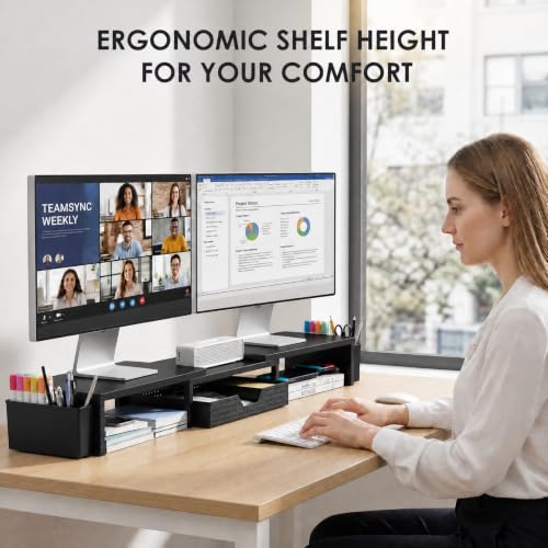 OPNICE Black Dual Monitor Stand Riser with Drawer & Pen Holders - Desk Organizer & Laptop Stand