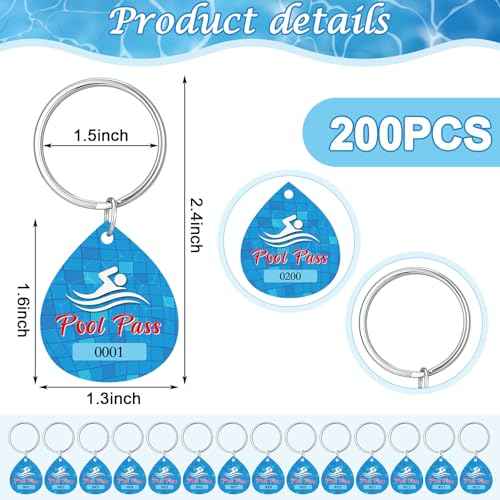 Honoson 200 Pcs Pool Pass Tags with Consecutive Numbers 0001-0200 Water Drop Shape Pool Keychain with Ring