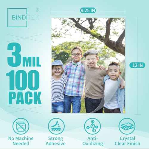 Binditek 100 Pack Self-Adhesive Laminating Sheets, 9.25 x 12 Inches Laminating Sheets for Letter Size, 3 Mil Thick, No Heat, No Machine Needed, Clear, Glossy Finish, School Office Supplies