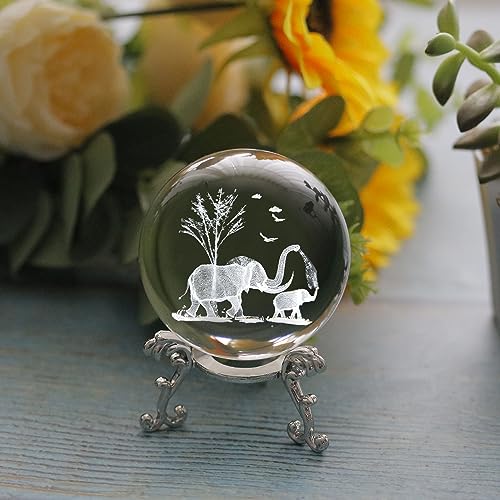 VSKIKRIS 60mm 3D Elephant Crystal Ball Paperweight with Stand - Elephant Gifts, Listing: Elephant_006