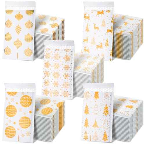Zhanmai 100 Pcs Christmas Poly Gold Poly Bubble Mailers 5.51 x 8.27 Inch 5 Patterns Xmas Waterproof Bubble Padded Envelopes Self Adhesive Shipping Mailing Bags for Xmas Mailing Packaging