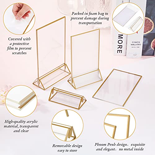 16 Pieces Gold Rimmed Clear Acrylic Table Sign Holders, Double Sided Frame with Gold Border and Vertical Stand for Wedding Table Number, Restaurant Sign, Photo Display, Menu Holder (5 x 7 Inch)