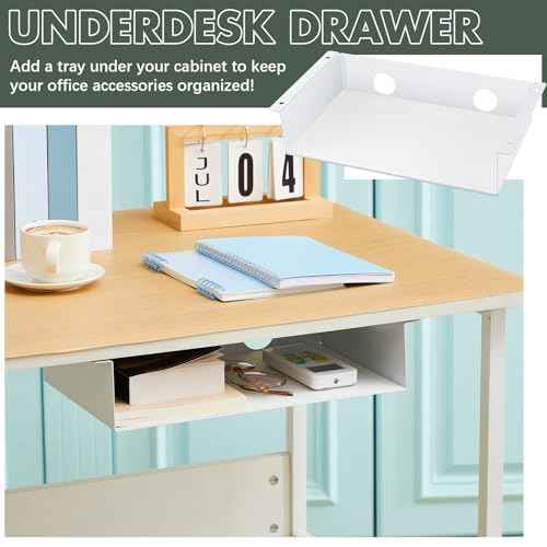 2 Pack Under Desk Hanging Shelf, Carbon Steel Storage Tray with Mute Felt Sheets, Mount Shelves Organizer for Office Home Workstation Gaming Desk Stand up(13x8x2.8 in/Storage Shelf,White)