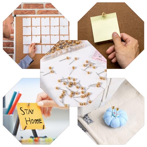 Gold 200pcs Map Push Pins Round Head Tacks for Travel - 4x15mm with Storage Box
