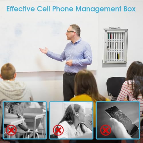 Cell Phone Locker for Classroom, 24 Slots Portable Phone Holder Box, Wall Mount Phone Box with Security Lock, Lightweight Phone Storage Organizer Cabinet, Pocket Chart Storage (Silver)