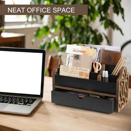 Desk Organizer with Drawer Wood File Office Mail Organizer Countertop-5 Slot Tabletop Storage Pen Organizer Letter Holder for School Home Office Supplies