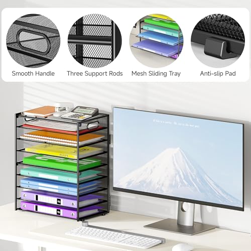 9 Tier Paper Organizer with Handle, Large Capacity Desk Organizer Mesh Paper Letter Tray File Folder Document Sorter for Classroom and Office Accessories Organization- Black (2 Pack)