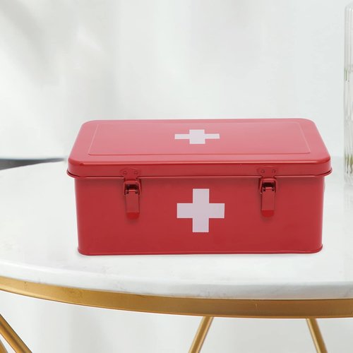 First Aid Medicine Box - Metal Storage Tin with Safety Lock for Home Emergency Kit - Red