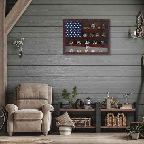 Military Challenge Coin Display Frame 12x16, Wooden American Flag Wall Decor Medal Display Case, Government Military Challenge Coin Holder Red