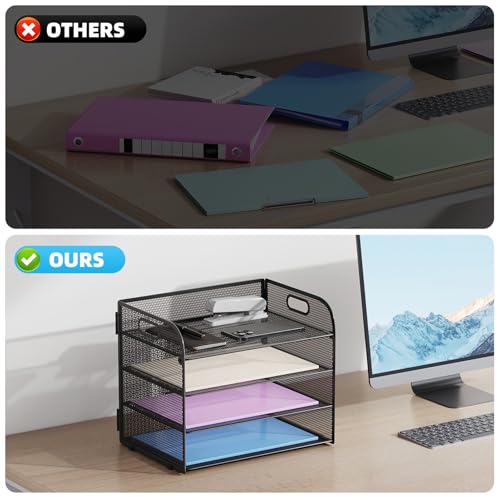 Marbrasse 4-Tier Mesh Letter Tray Desk Organizer with Handle, Black, 12.6 x 9.1 x 9.1 inches