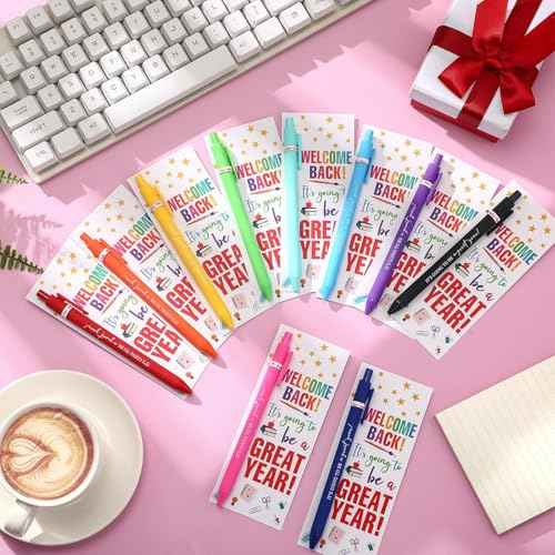 100 Set Welcome Back To School Supplies Gift Bulk Include Greeting Card with Tie and Inspirational Ballpoint Pen First Day of School Gift for Student Classmate Teacher Classroom (Vivid Color)