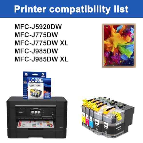 LC20E Ink Cartridges 5 Pack Replacement for Brother LC-20E LC20EXXL Ink Cartridges use with MFC-J985DW MFC-J5920DW MFC-J775DW Printer (2Black 1Cyan 1Magenta 1Yellow)