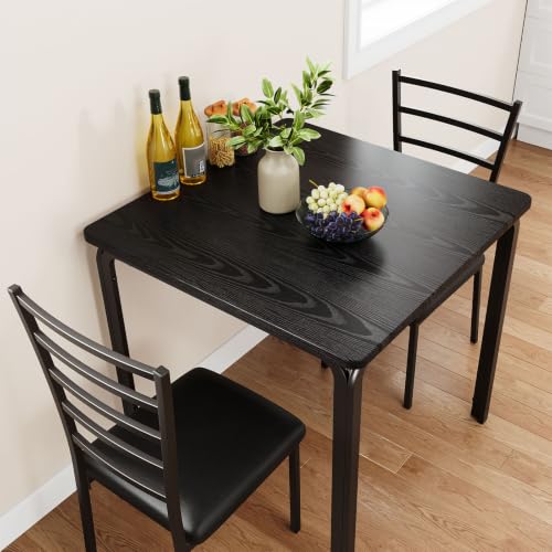 GarveeHome 3-Piece Dining Set for Small Spaces – Square Table with 2 Upholstered Chairs, Black