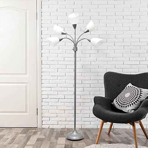 Simple Designs LF2006-SVW 67" Contemporary Multi Head Medusa 5 Light Adjustable Gooseneck Silver Floor Lamp with White Shades for Kids Bedroom Playroom Living Room Office