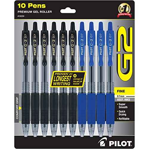 PILOT G2 Premium Refillable & Retractable Rolling Ball Gel Pens, 0.7mm Fine Point, 6 Black and 4 Blue Pens (Pack of 1, 10 Count Total)