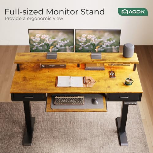 AODK 55 Inch Rustic Brown Standing Desk with Drawers & Keyboard Tray - Adjustable Height