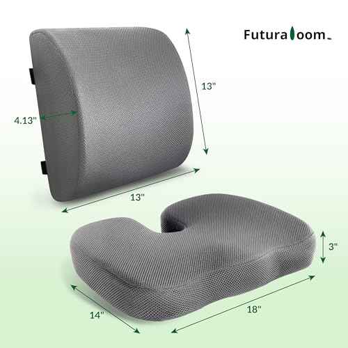 Seat Cushion & Adjustable Lumbar Support Pillow Set, Charcoal Memory Foam Back & Tailbone Pain Relief, Non-Slip & Washable Cover, for Office Chair, Car Seat, Wheelchair - Grey