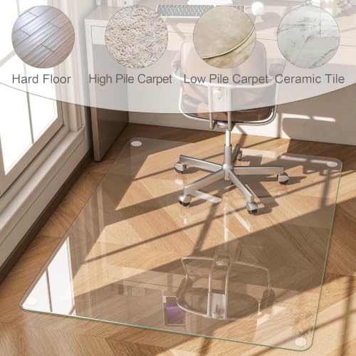30x48 in Tempered Glass Chair Mat - Heavy-Duty Clear Glass, 0.2" Thick, 27 lb, 1200 lb Capacity, Anti-Slip Pads, Easly