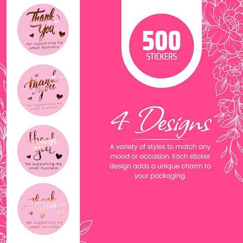 500 Pcs 1.5 Inch Pink and Rose Gold Thank You Stickers for Small Business, Small Business Packaging, Self-Adhesive & Waterproof Stickers with Beautiful Designs, Strong and Durable Envelope Seals