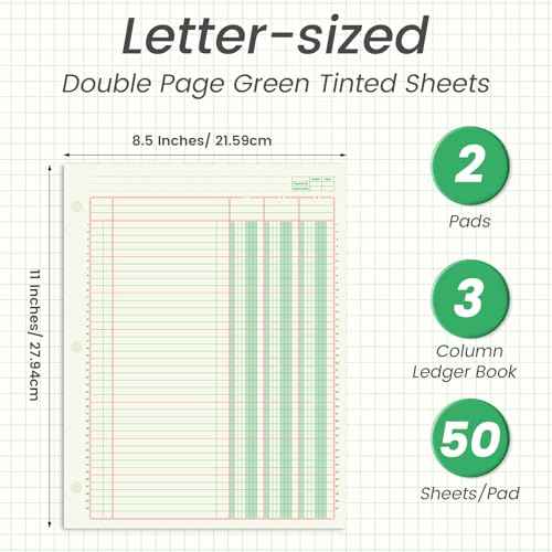 2 Pads 100 Sheets Columnar Analysis Pad 3 Column Ledger 3 Hole Punch Accounting Ledger Book 8-1/2 x 11 Ledger Paper Pad Double Page Format Columnar Pad for Business Bookkeeping & Data(3 Column Ledger)