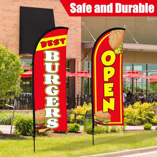 Buryeah 2 Sets Burgers Open Feather Flag for Business Advertising 8 ft Feather Flag Sign with Flagpole Ground Stake Portable Bag Burgers Banner for Outside (Red)