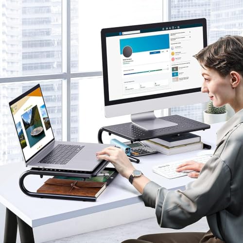 HUANUO Black Monitor Riser Stand with Ventilated Steel Shelf, Ergonomic Desk Accessory