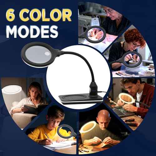 3600mAh Rechargeable Magnifying Glass with Light & Stand, 15X 30X LED Magnifier, 4.9 Inch, 6 Color Modes, Flexible Gooseneck Desk Lamp for Jewelry, Reading, Hobbies & Close Work