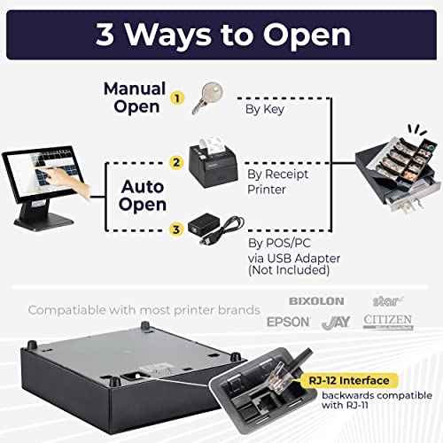Volcora 13" Cash Register Drawer for Point of Sale (POS) System - Black with Stainless Steel Front - Fully Removable 2 Tier Cash Tray, 4 Bill/5 Coin, 24V, RJ11/RJ12 Key-Lock, Double Media Slot