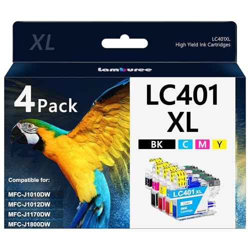 LC401XL Ink Cartridges with High-Yield Replacement for Brother LC401 Work with MFC-J1010DW MFC-J1012DW MFC-J1170DW MFC-J1800DW Printers (Black Cyan Magenta Yellow, 4 Pack)