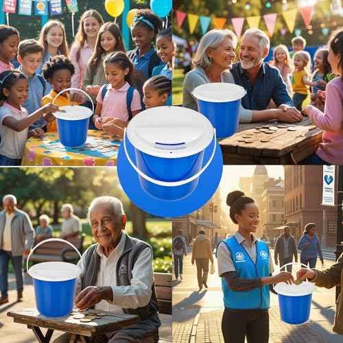 Plastic coin collection Bucket with removable lid and handle charity donation collection money box pail for fundraising with top slot for tickets raffles and money 7.5"Hx8.3"Diameter(multicolor)4 pack