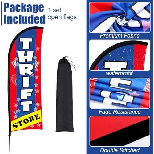 Buryeah 11ft Thrift Store Feather Flag Banner Sign for Business Advertising Swooper Flag Sign with Flagpole Ground Stake Portable Bag Thrift Store Signs Banner Set for Outside Business