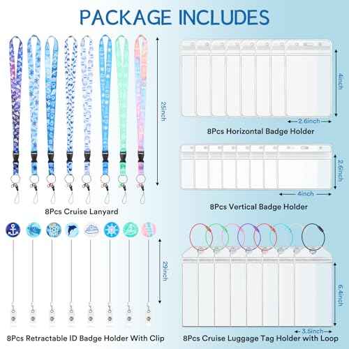 8 Pack Cruise Lanyards Set for Ship Cards, with Retractable Badge Reel Waterproof Luggage Tag Holders Id Card Holders, Sea-Themes Pattern for All Cruises Ticket Key Cards Luggage Tag