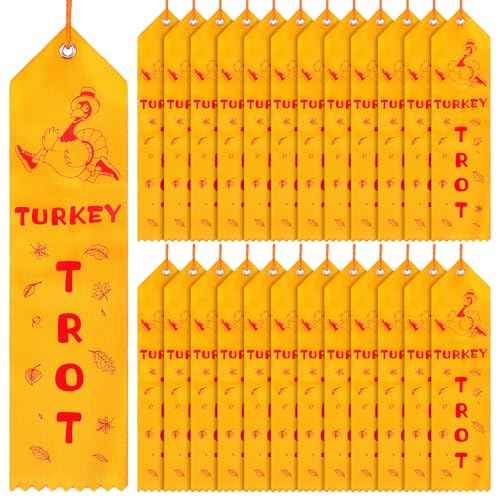 100 Pcs Thanksgiving Turkey Trot Award Ribbons Bulk 2 x 8 Inch Thanksgiving Turkey Medal Ribbons with Card and String Thanksgiving Turkey Race Prizes Ribbons for Tournament Party Family