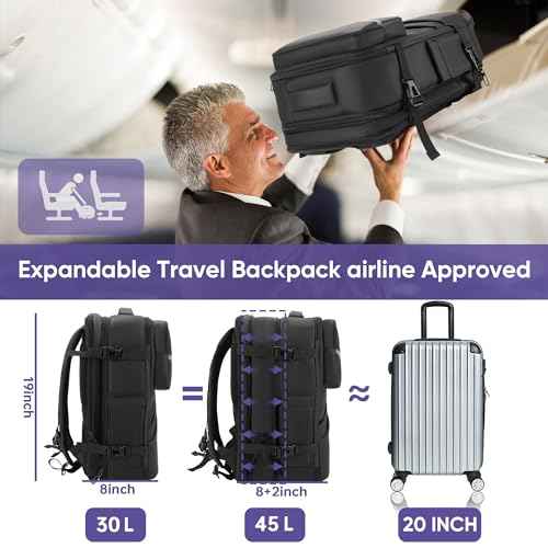 45L Expandable Travel Backpack for Men Women, Airplane Approved Weekender Bag,Waterproof Business Commuting17.3Inch Laptop Backpack,Travel Gifts for Men Women (Black)