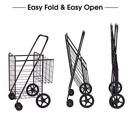 Black Folding Shopping Cart, WATERJOY Mobile Fold Shop Basket with Dual Swivel Wheels Portable Rolling Trolley Push Cart