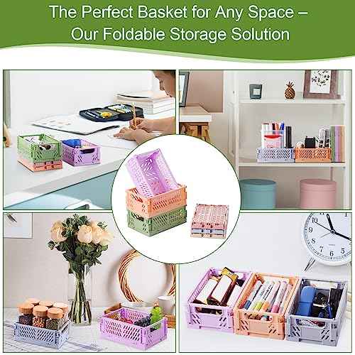 6-Pack Small Pastel Plastic Storage Baskets, Collapsible Crates for Organizing, Space-Saving Mini Bins for Classroom, Kitchen, Office, Bedroom (5.9" x 3.8" x 2.2")
