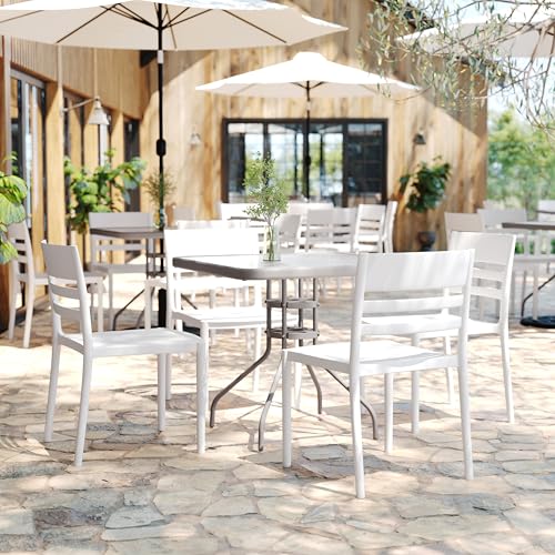 Flash Furniture Bridgeport Patio Chair with Slatted Back and Contoured Seat, Commercial All-Weather Stacking Resin Chair, UV Resistant, Indoor-Outdoor, White