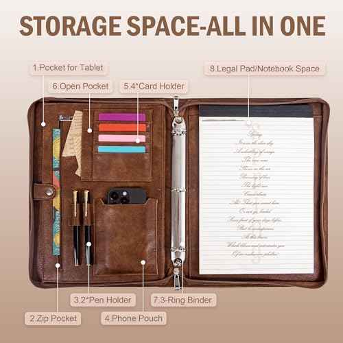 Calfinder 3 Ring Portfolio Binder with Zipper,Business Padfolio for Men&Women,Leather Portfolio Organizer with Card/Documents Holder, Leather Binder for Interview/Office and Travel, Gift for Men