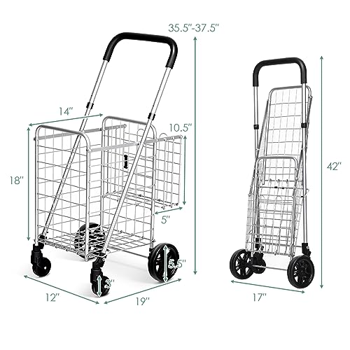 Byroce Utility Folding Shopping Cart, Lightweight Trolley with Handle, Large Grocery Utility Cart with Swiveling Wheels and Dual Storage Baskets, Ideal for Laundry Book Luggage Travel (Silver)
