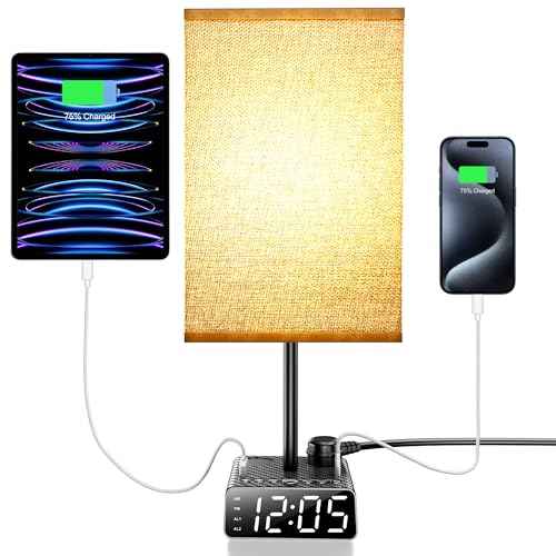 Touch Control Nightstand Light,Bedside Lamp with Alarm Clock&Charging Station - 2 Alarm Clock+ 2AC + 1USB-A + 1USB-C,Lamps with USB Ports and Outlets,3-Level Dimmable Touch Lamp