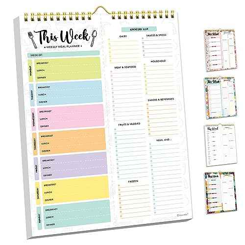 Decorably 52 Sheets Pastel Undated Weekly Meal Planner and Grocery List with Strong Magnets, 8.5x11in Spring-Bound Magnetic Meal Planning Notepad, Weekly Menu Planner Pad