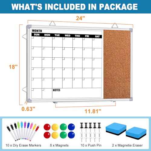Calendar Whiteboard for Wall, 24" x 18" Double Sided Monthly Dry Erase Board Calendar for Office, Home, School, Hanging Cork Board White Board Combo, Portable Magnetic Dry Erase Planner Board
