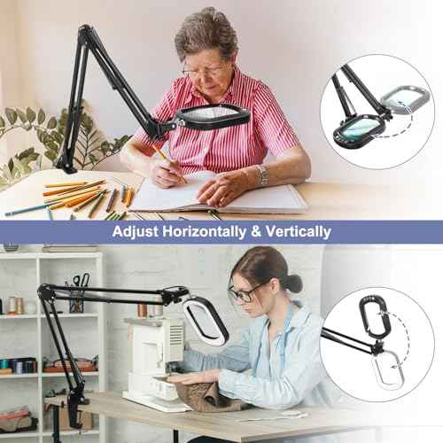 10X Rectangle Magnifying Glass with Light and Clamp, 5 Color Modes Stepless Dimmable, Lighted Magnifier with Stand Hands Free, Flexible Swing Arm LED Desk Lamp for Close Work, Craft, Reading, Painting