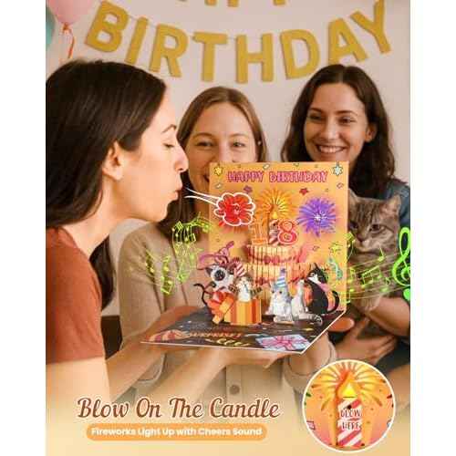 Meow Song Musical Birthday Card - DIY Age & Blowable Candle & Colorful Lights Birthday Pop Up Card 3D Cute Funny Cat, Surprise Gifts for Girl Boy Kids Women Cat Lover with Envelope Blank Note