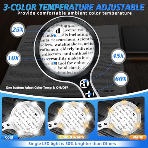 Black 5-Inch Lighted Magnifying Glass with 10X-60X Zoom & LED Illumination
