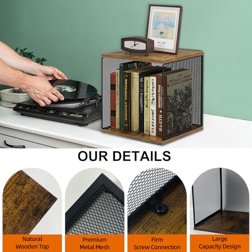 2 Cubes of Vinyl Record Storage, Premium Wooden Record Holder Shelf with Visual Metal Mesh & Large Capacity, DlY Stackable 90-120 Albums, Vinyl Organizer Solution for Home or Studio, Stylish & Durable