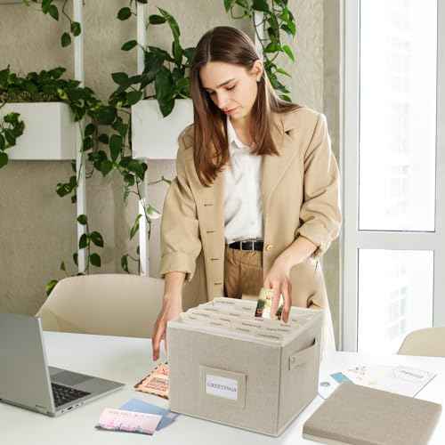 Greeting Card Organizer Box with 16 Dividers,Collapsible Greeting Card Storage Box with Handles Hold 150+ Cards,Greeting Card Holder for Greeting Cards,Sticker, Recipes, Photo, Envelope (Beige, 2 pcs)