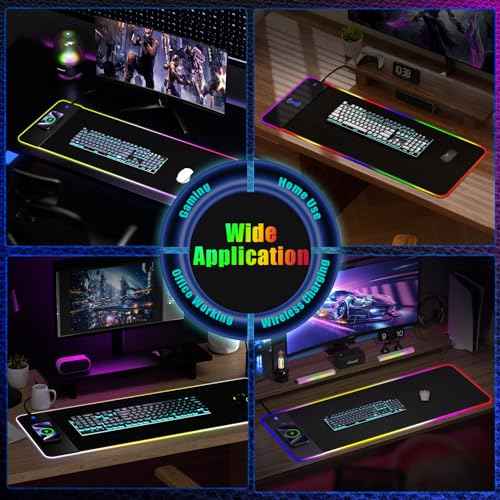 RGB Gaming Mouse Pad With 15W Wireless Charging, Extra Large LED Mousepad, 14 Light Modes, XXL Size, Ergonomic Computer Pad, Non-Slip Rubber Base for Laptop, Gifts for Gamer/Men