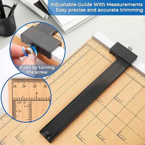 MROCO Heavy Duty Guillotine Paper Cutter & Paper Trimmer, 12" Cut Length, Automatic Clamp, Adjustable Guide, Wood Base with millimeters/inches Gridlines