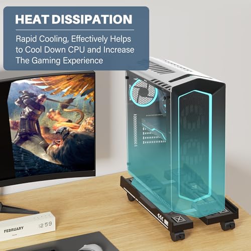 Hovadova Adjustable Computer Tower Stand with Wheels (Black) — Holds 7.78–11.41 in wide towers